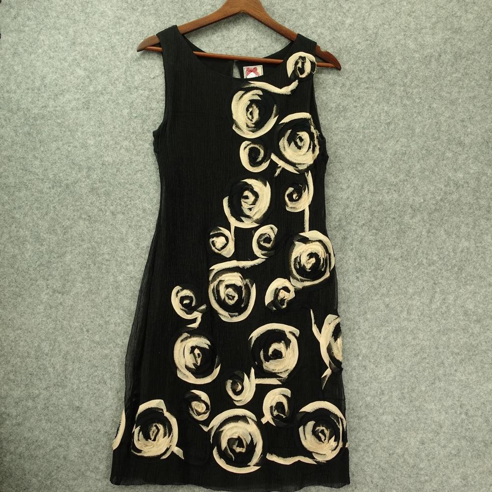 Black Cream Cocktail Shift Dress S Crinkle 3D Rose Dark Coquette Yoana Baraschi
